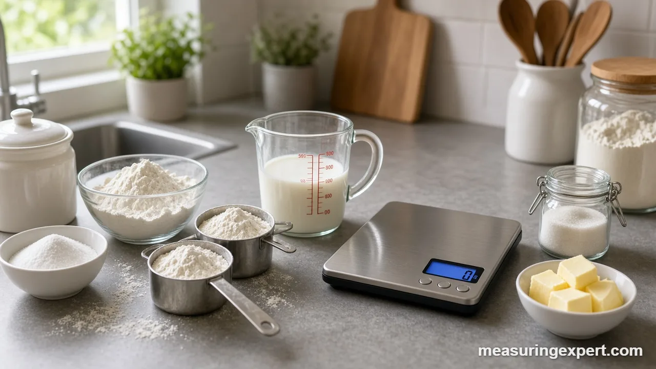 Dry and liquid measurements on a kitchen counter