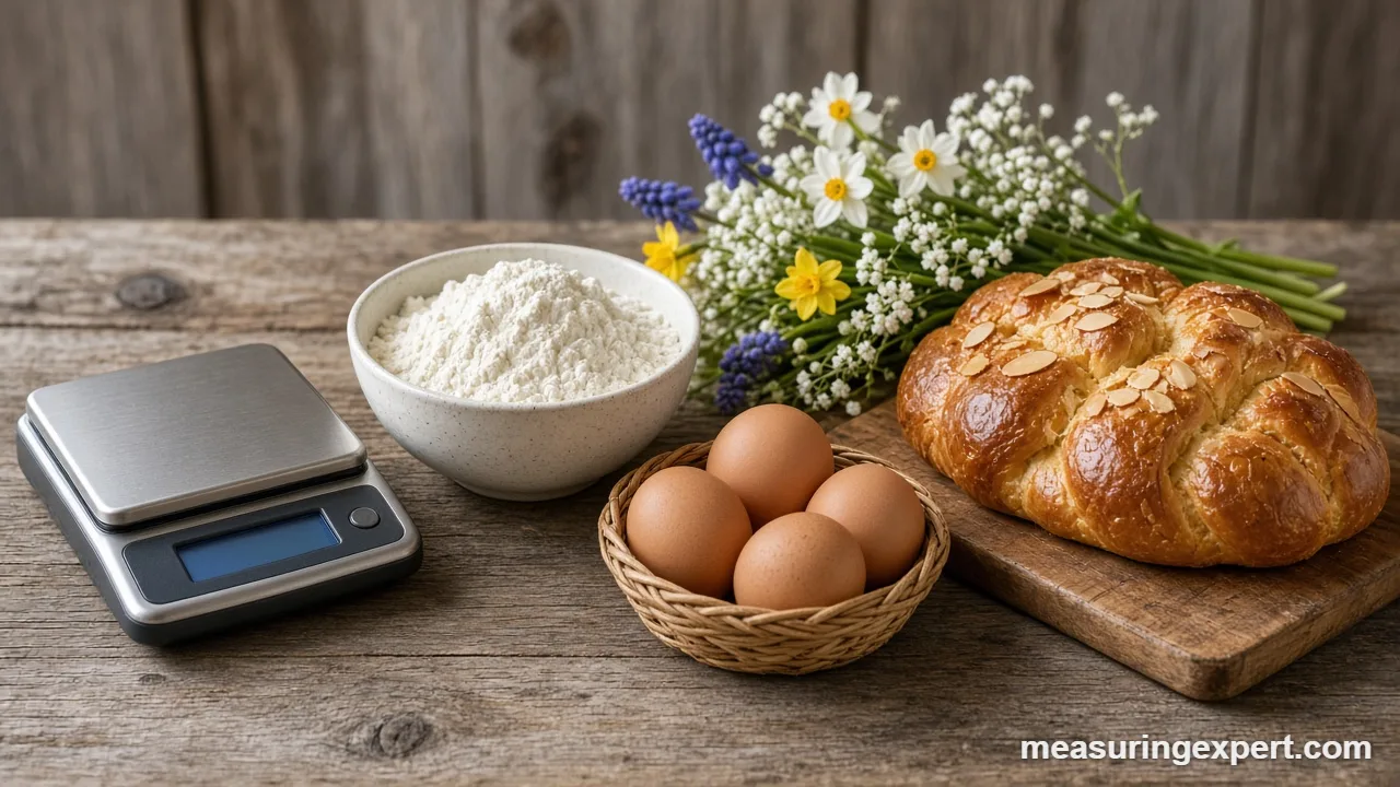 Eggs, flour and kitchen scale for Easter baking