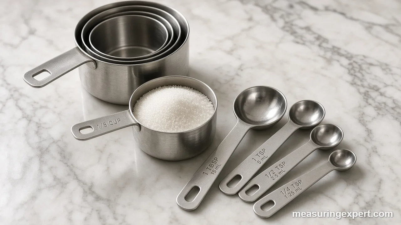 Eighth cup measuring cup and spoons on the counter