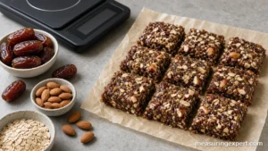 Homemade bars on a kitchen scale to measure ingredients for energy bars