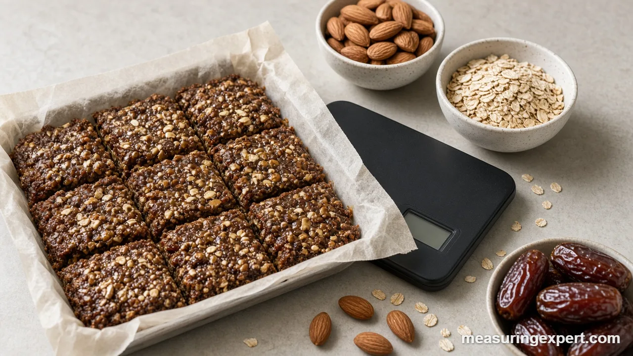 Dates, almonds and oats weighed to measure ingredients for energy bars