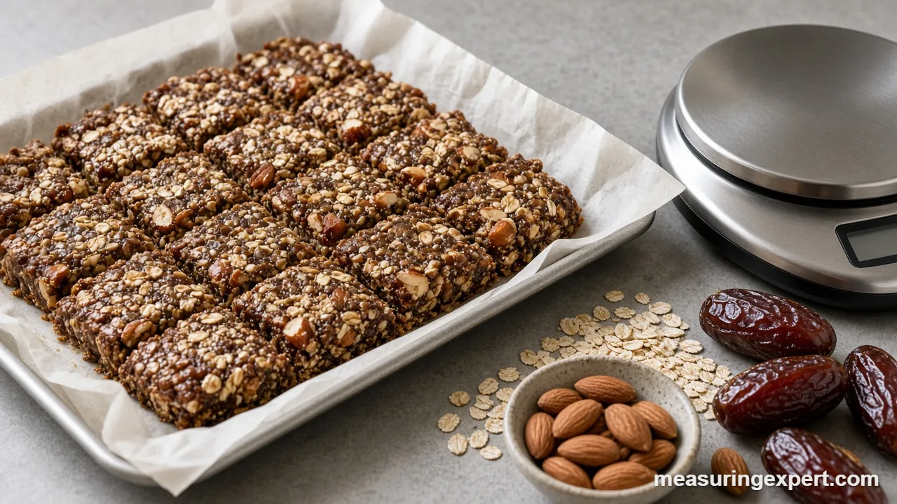 Cut energy bars on parchment showing portions of ingredients for energy bars