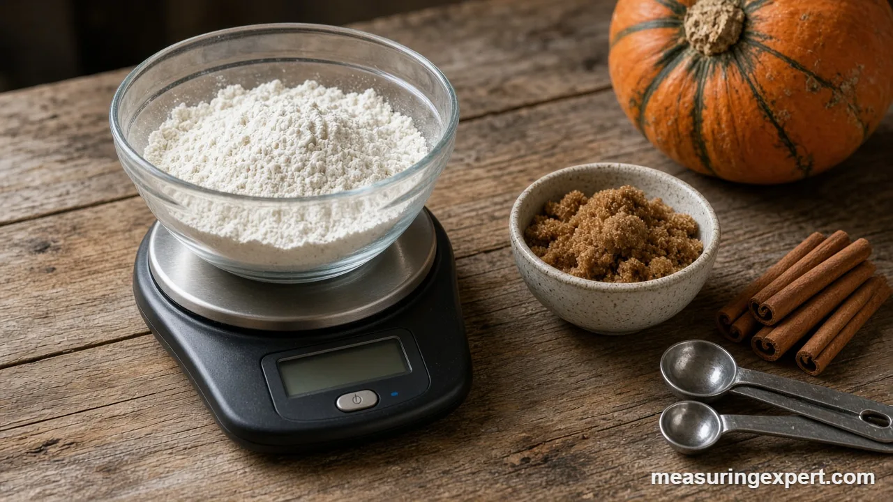 Fall baking measurements: flour weighed on a digital kitchen scale beside a pumpkin and spices