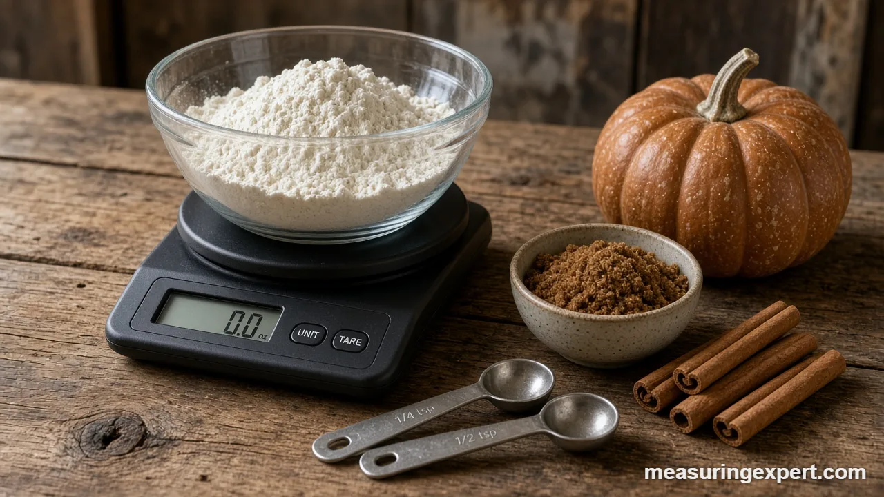 Fall baking measurements with brown sugar and measuring spoons on a wooden counter