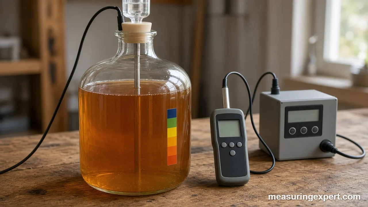 Best fermentation thermometer tools beside a glass carboy of homebrew beer