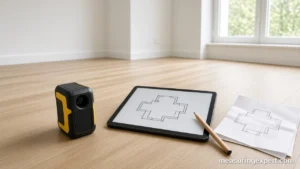 Best floor plan laser measurer next to a tablet with a room outline