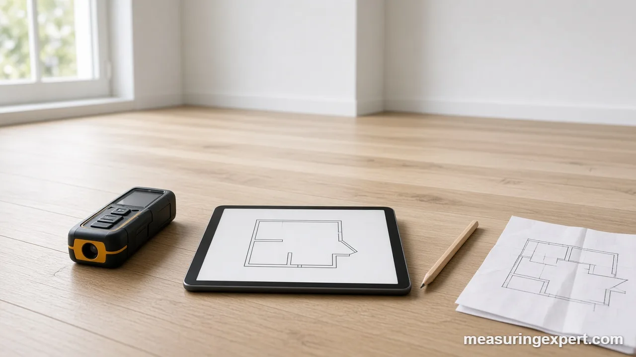 Best floor plan laser tool and tablet sketch on a wood floor