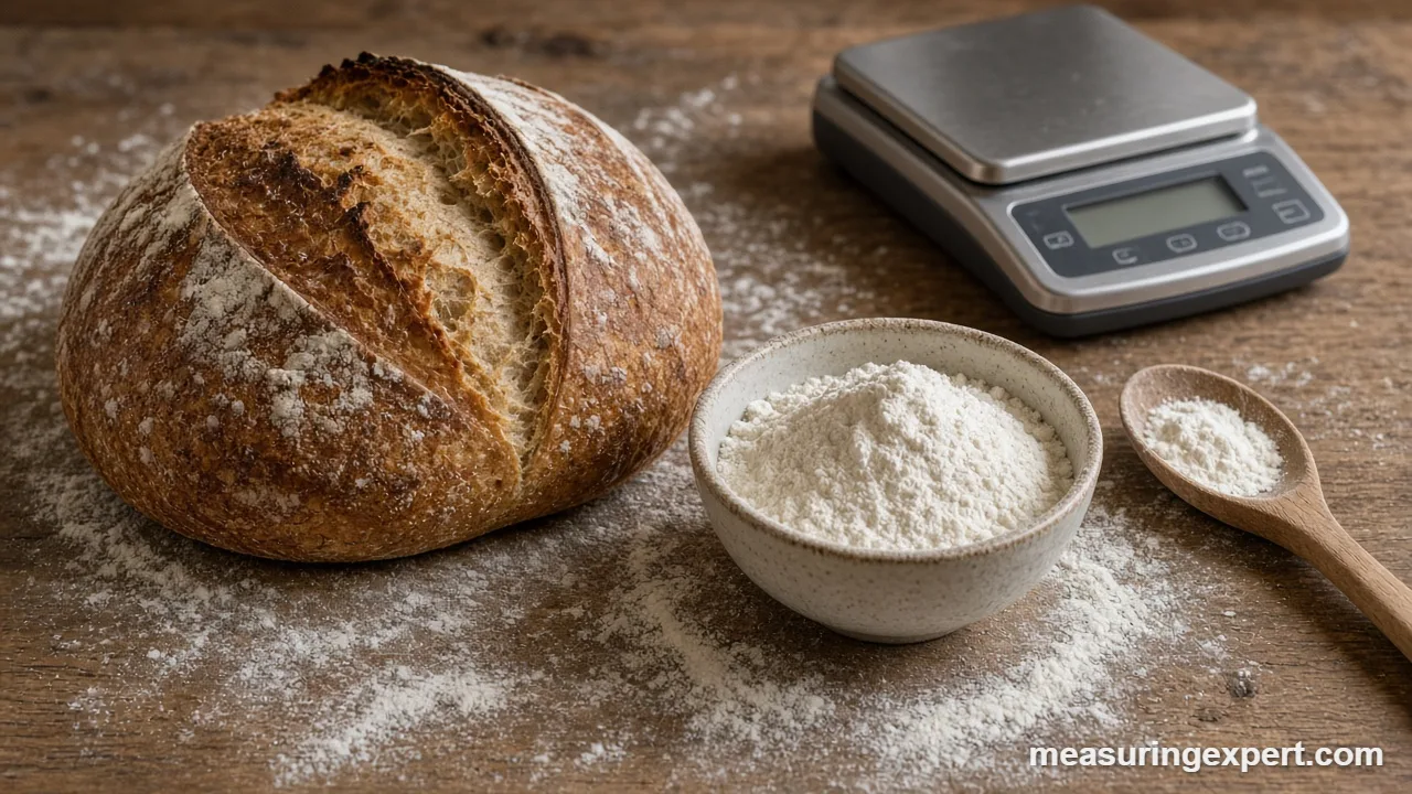 Measure flour for bread with a bowl of flour, a spoon and a kitchen scale