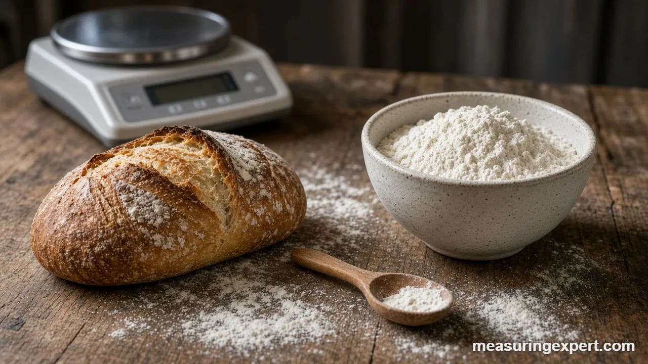 Measure flour for bread: a bowl of flour and a wooden spoon on a baking table