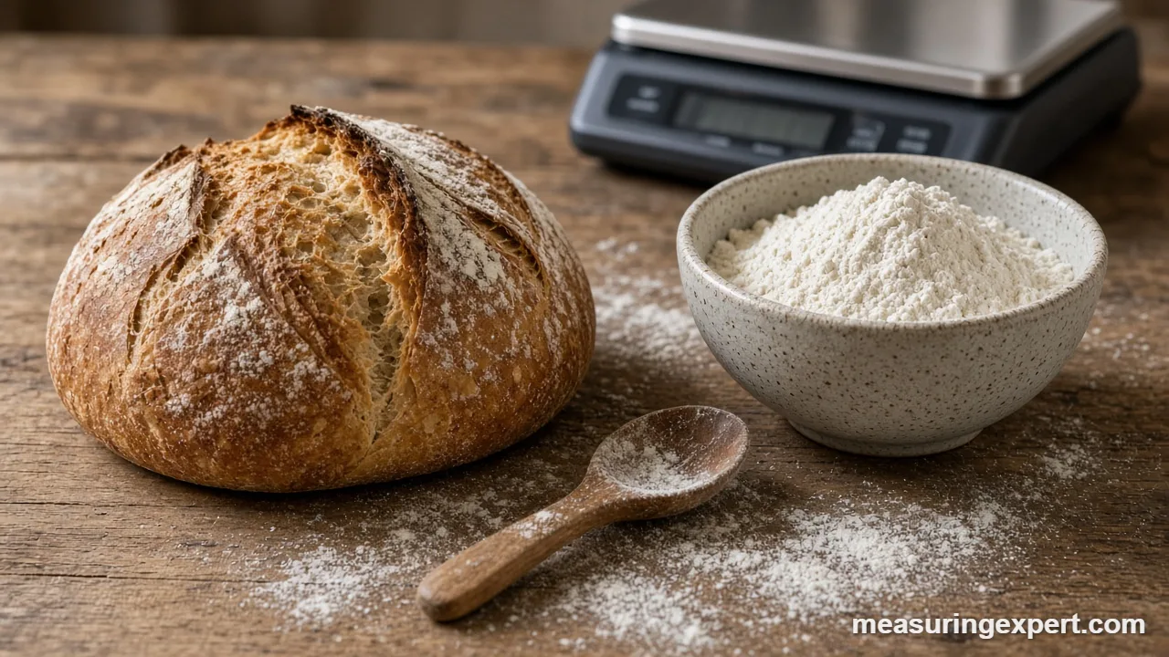 Measure flour for bread: a rustic baked loaf next to flour
