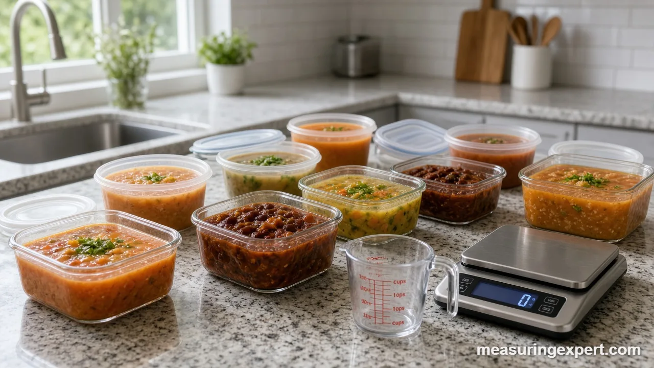 Freezing meal portions: containers of soup beside a kitchen scale and measuring cup