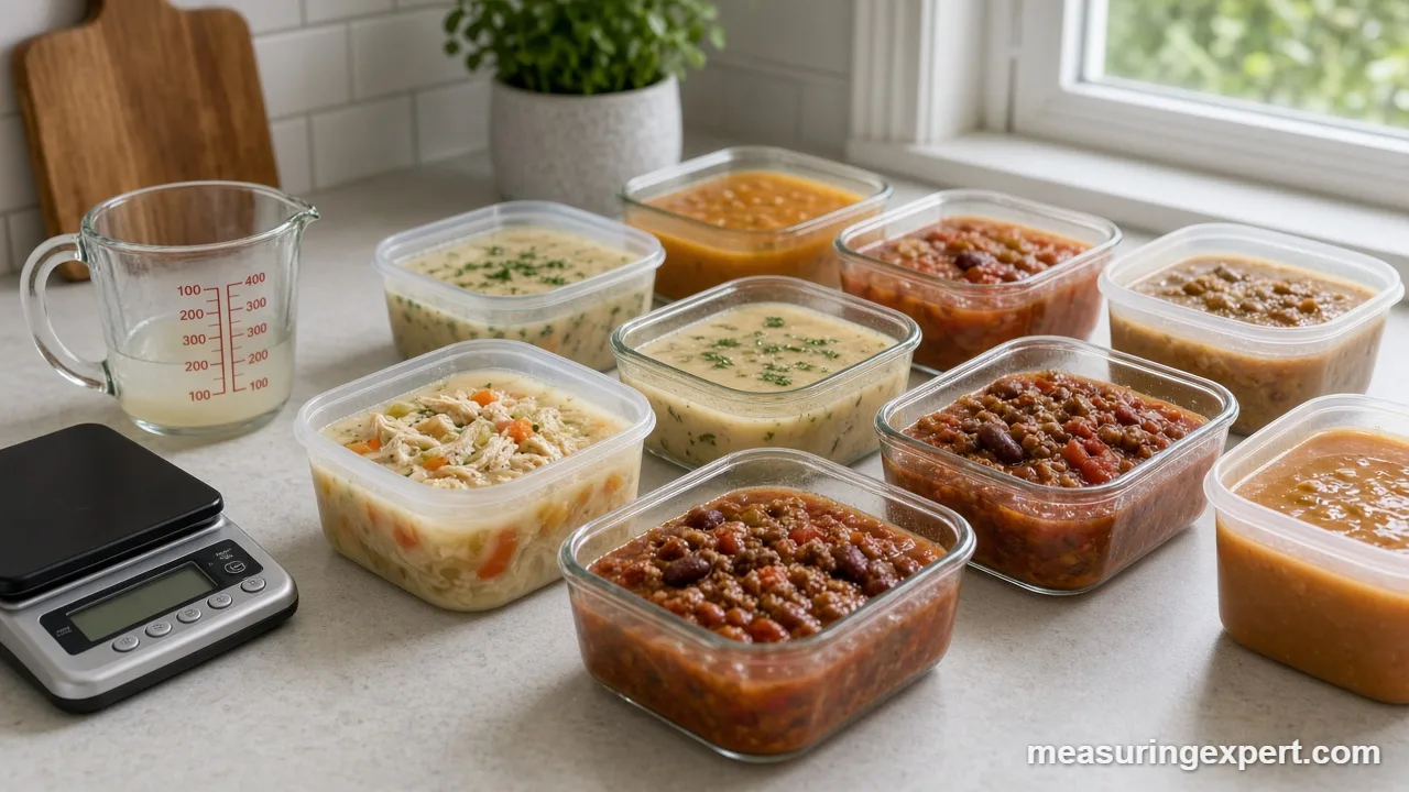 Portioned soup in containers with room left at the top for freezing meal portions