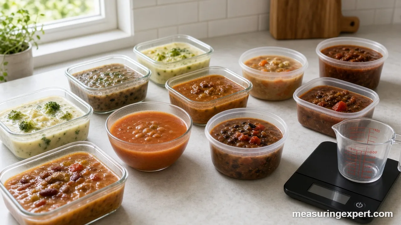 Frozen soup portions stacked in a freezer