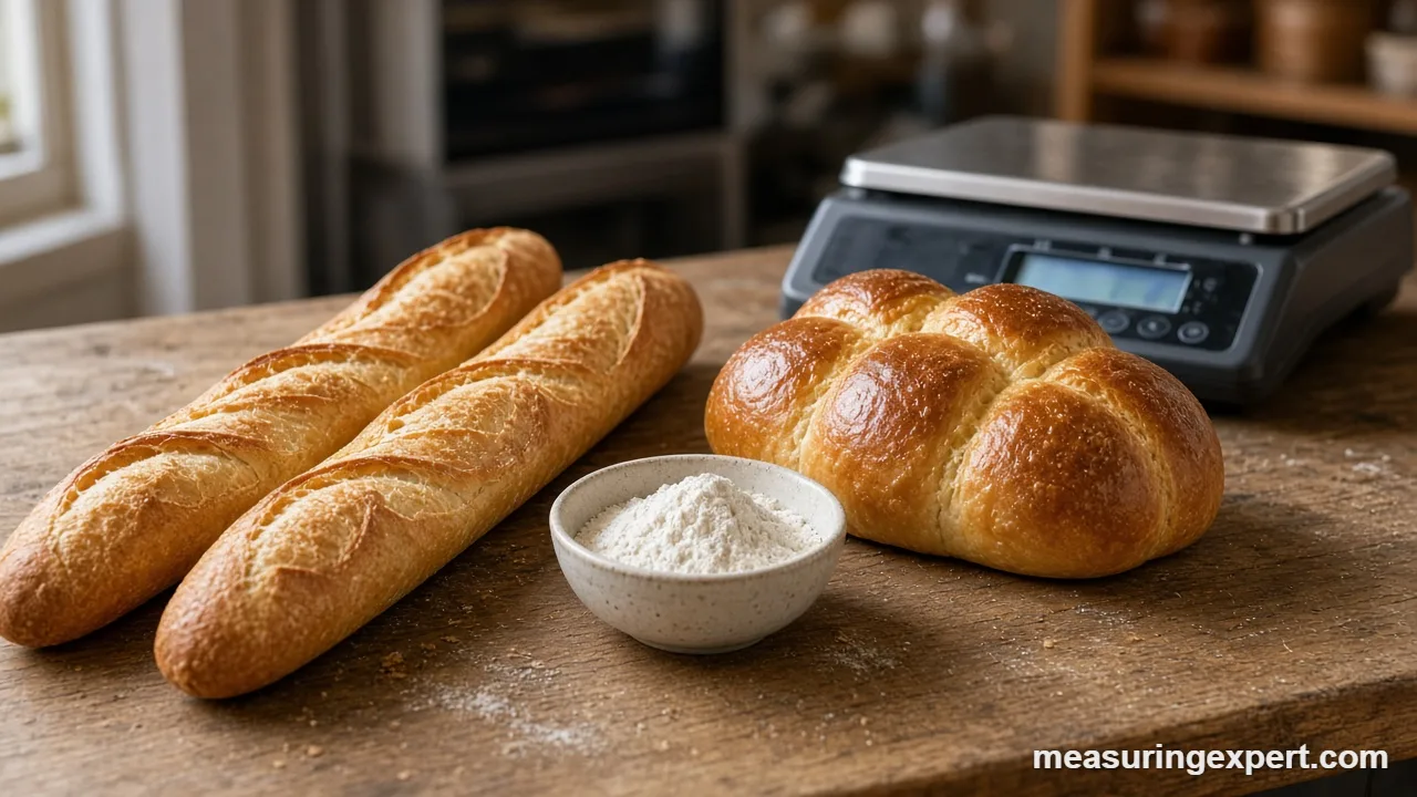 French baking measurements shown with baguettes, brioche and a kitchen scale