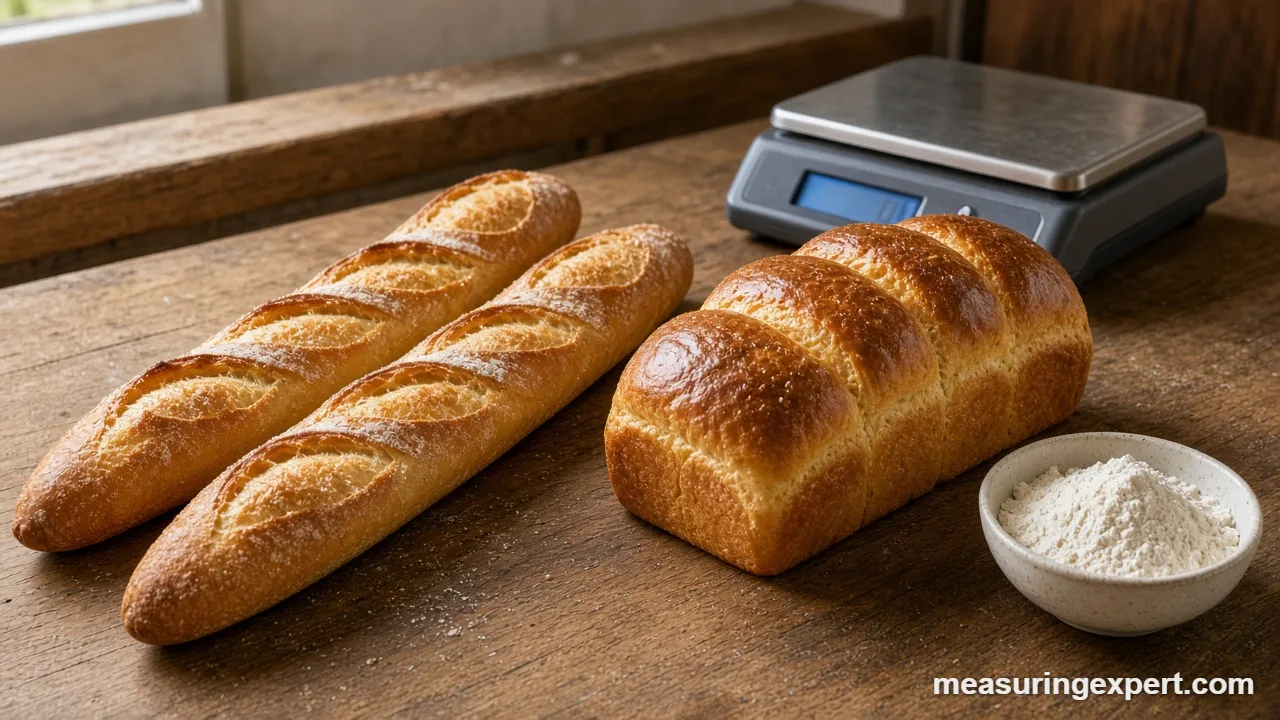 French baking measurements for baguette dough: flour and a scale on a bakery counter