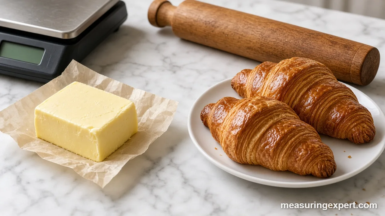 French pastry butter ratios: cold butter block weighed beside croissants