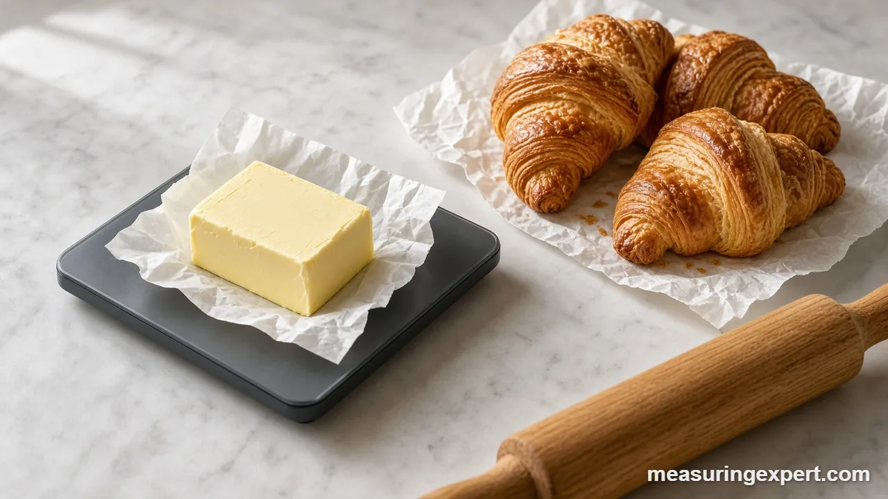 Flaky croissants and puff pastry made with measured French pastry butter ratios