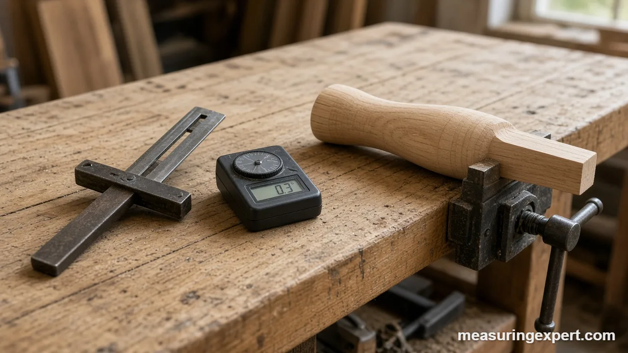 Tools to measure angles for furniture on a woodworking bench