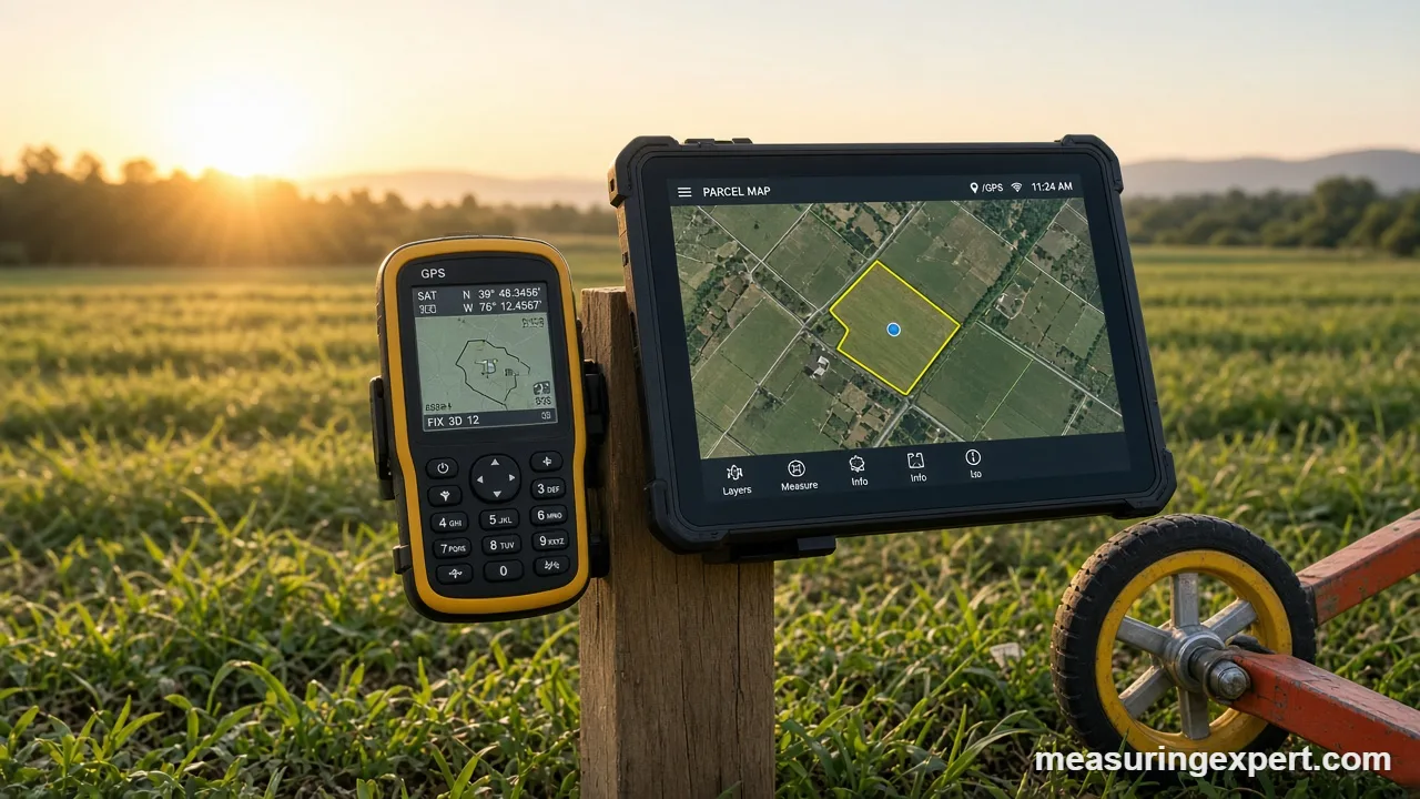 Handheld GPS and measuring wheel used to check GIS land measurement