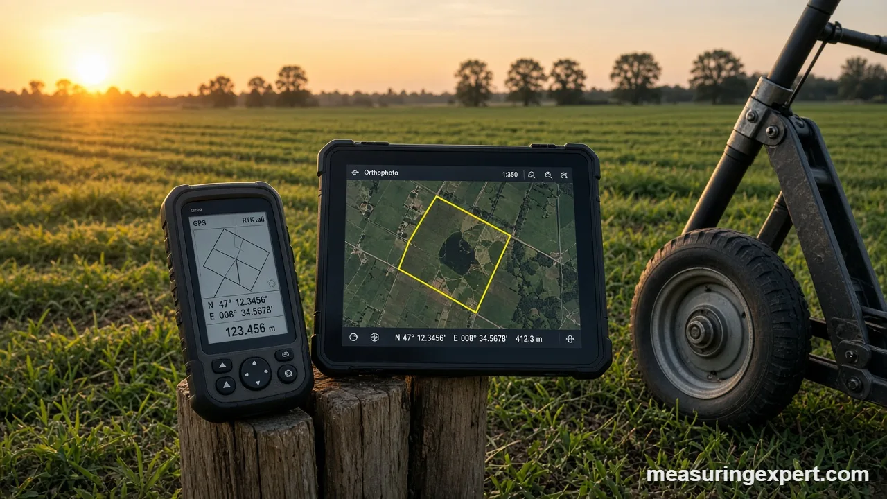 Tablet with an aerial parcel map beside a survey stake