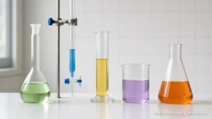 Glassware to measure volume lined up on a lab bench