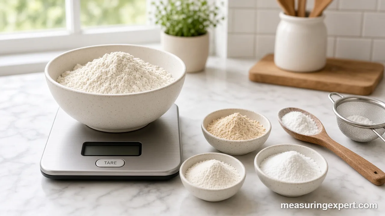 Gluten free baking measurements: weighing flour in a bowl on a digital scale