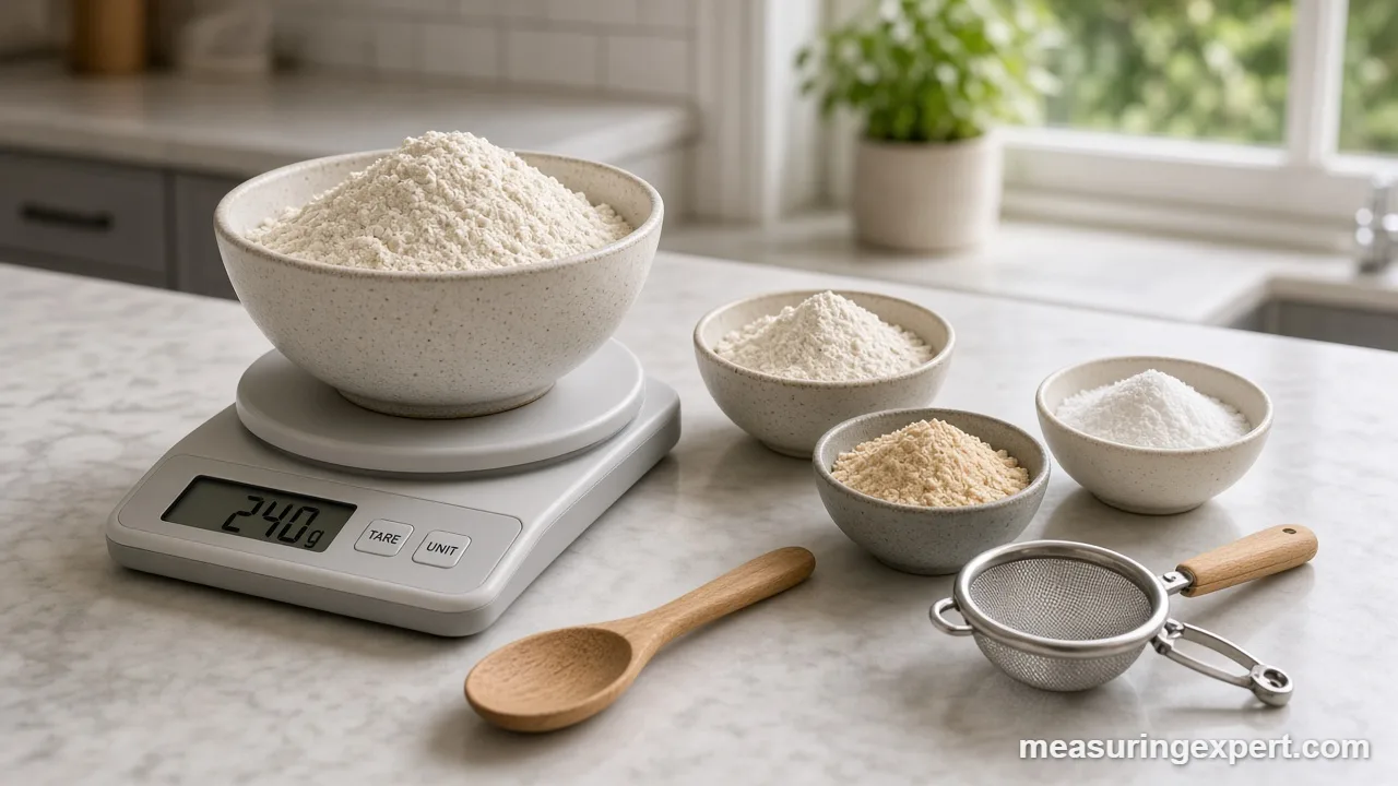 Bowls of rice flour, almond flour and tapioca starch ready for gluten free baking measurements