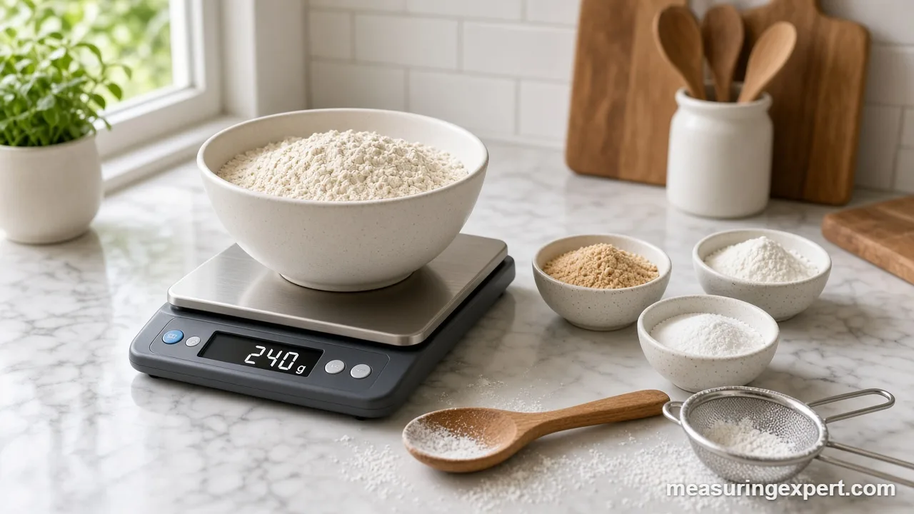 Gluten-free flours and a sifter on a kitchen counter