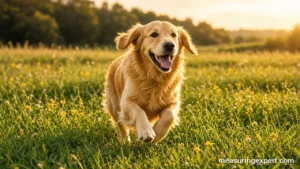 Golden retriever speed across a meadow