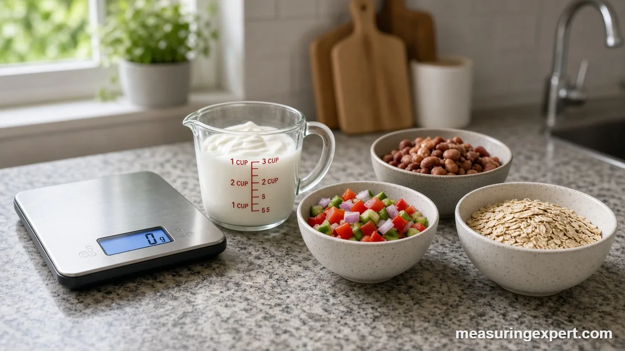 Scale and bowls used to measure gut healthy foods