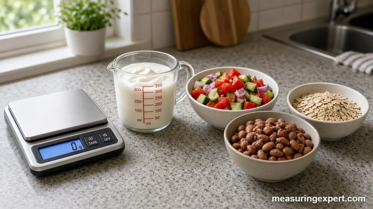 Glass cup of yogurt and vegetables to measure gut healthy foods