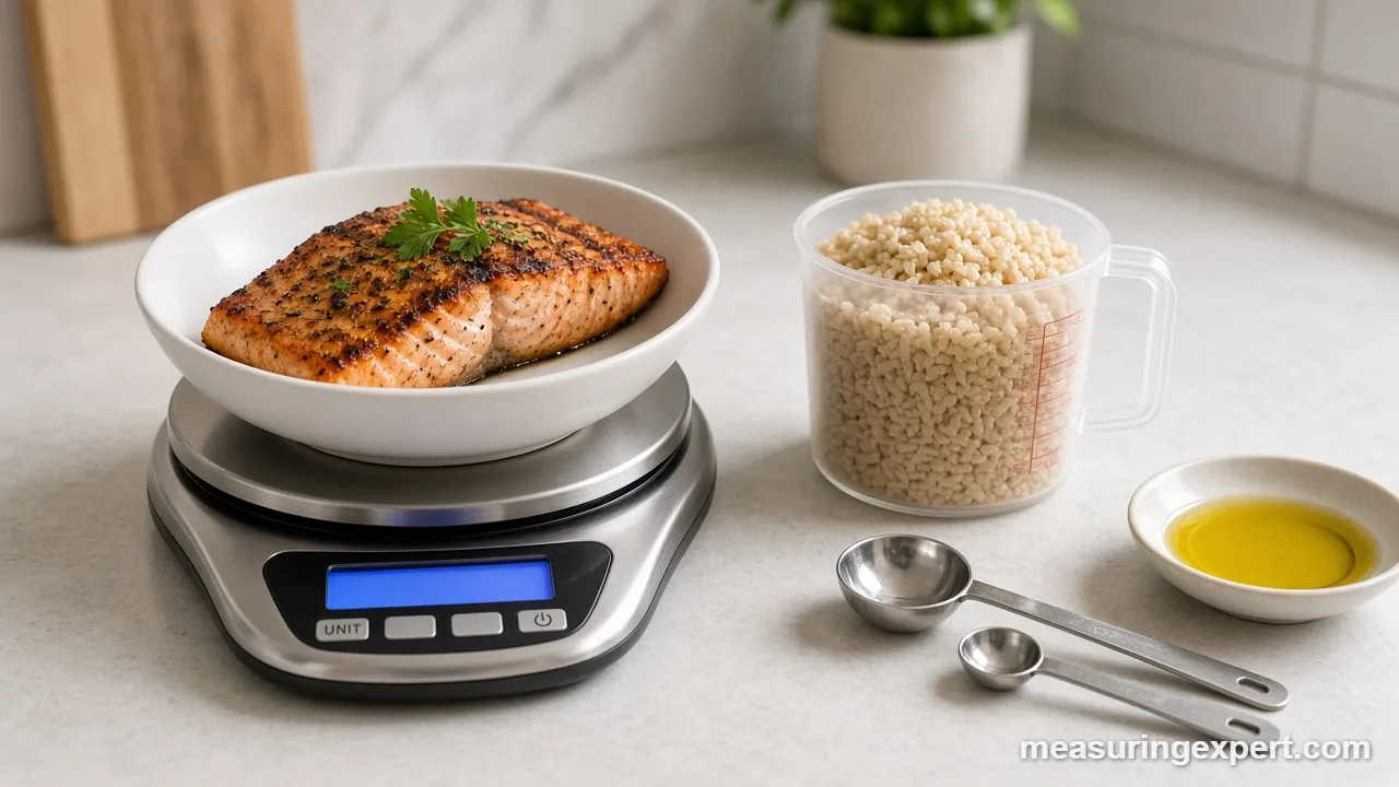 Weighing heart-healthy meal portions on a kitchen scale