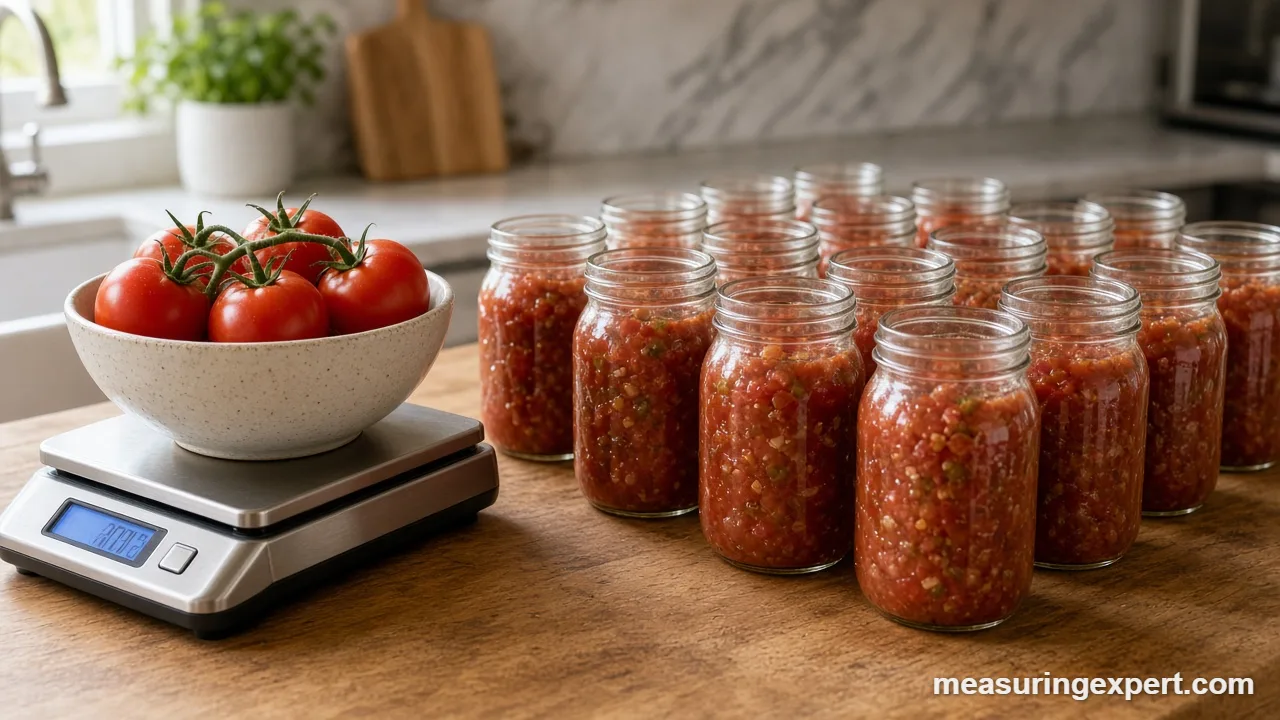 Homemade salsa batch in pint jars next to a kitchen scale