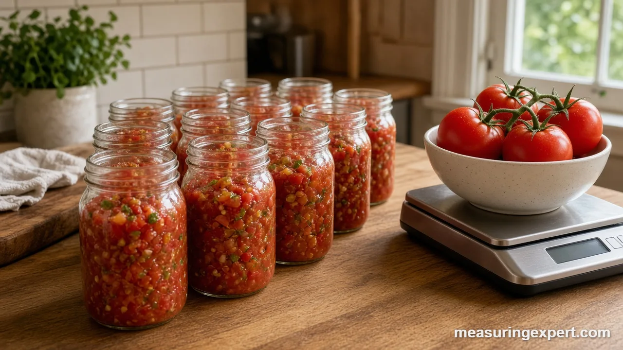 Pint jars of homemade salsa batch ready for the canner