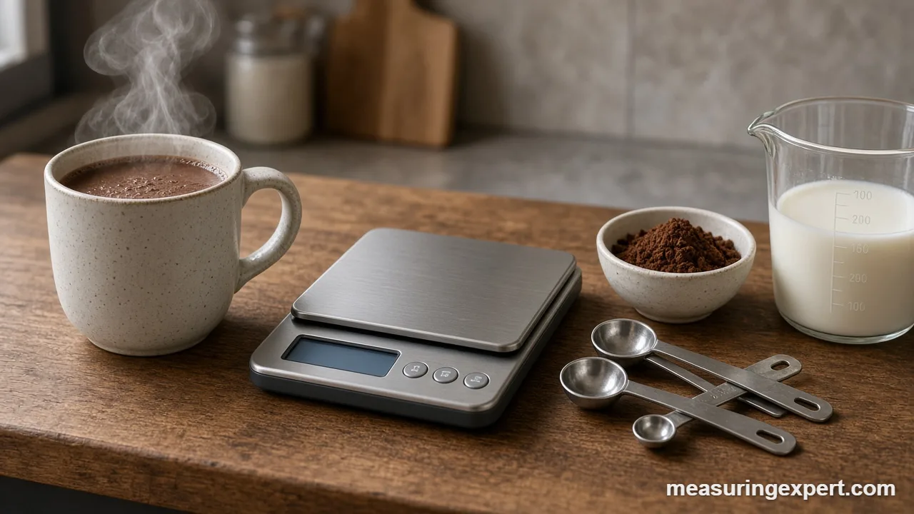 Hot chocolate measurements: a mug of hot chocolate with a scale, measuring spoons and cocoa powder