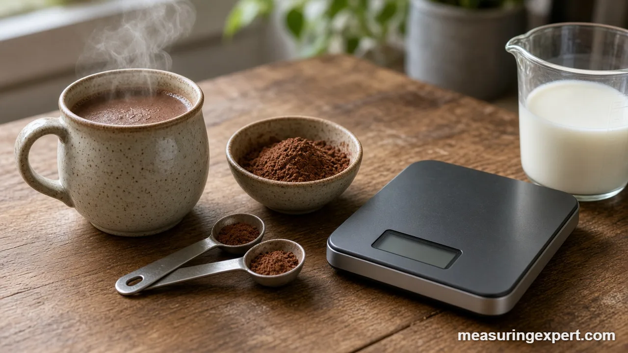 Measuring cocoa powder with a spoon for hot chocolate measurements