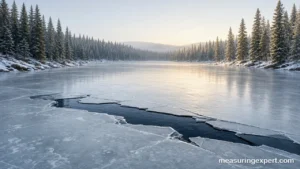 Ice less dense than water: frozen lake surface