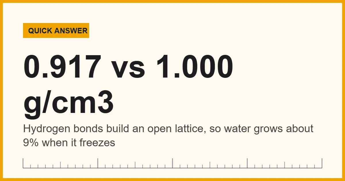 Ice less dense than water: ice 0.9167 g/cm3 vs liquid water 0.9998 g/cm3