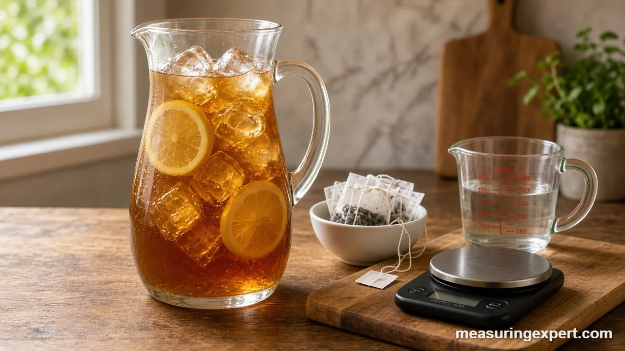 Measure iced tea ingredients with a glass pitcher, tea bags and a kitchen scale