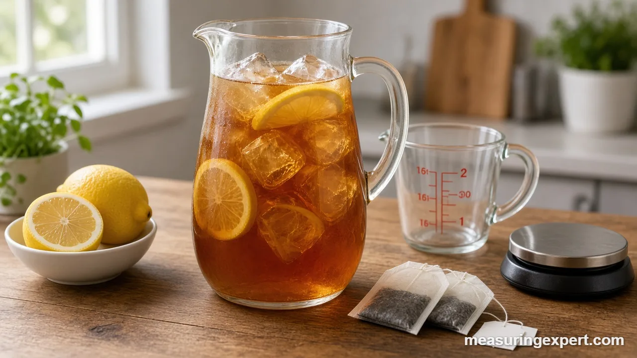 Measure iced tea ingredients: a glass of iced tea with lemon on a counter