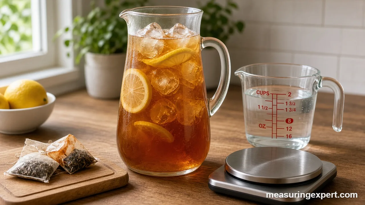 Measure iced tea ingredients with tea bags steeping in hot water