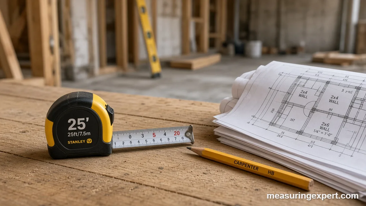 Imperial to metric tape measure reading beside construction plans
