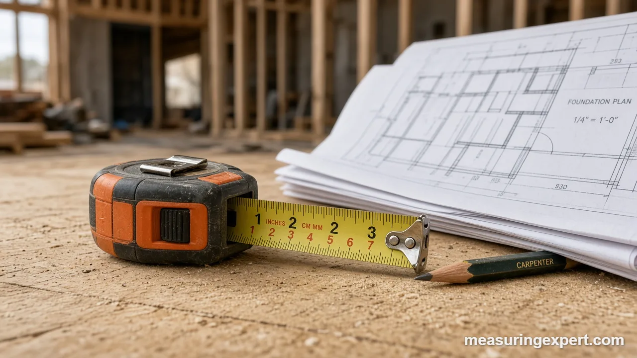Imperial to metric measuring tools on a job site floor