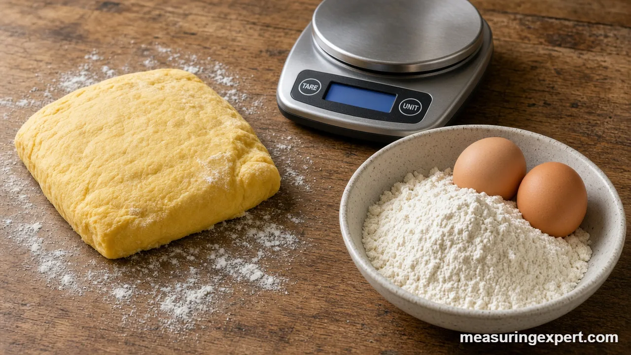 Italian pasta ingredients weighed on a digital kitchen scale