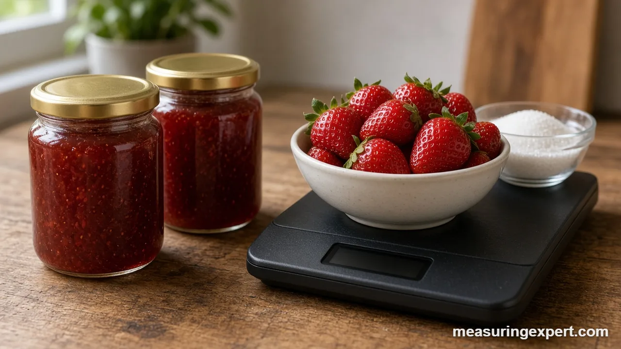 Measure ingredients for jam with a kitchen scale, fresh strawberries and jars