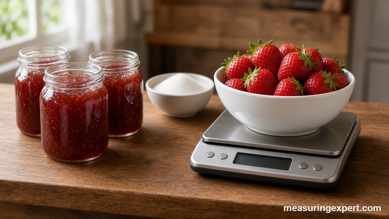 Jam ingredients weighed on a digital scale before cooking