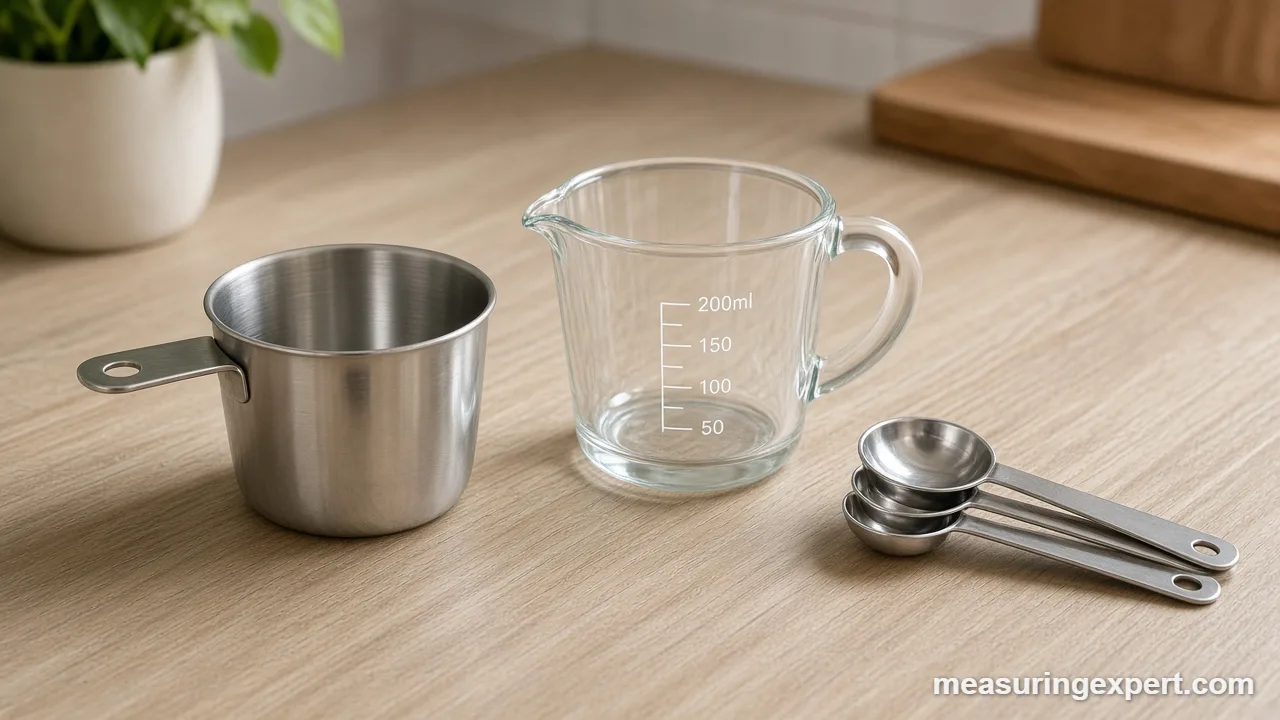 Japanese cooking measurements shown with a rice cup and measuring spoons