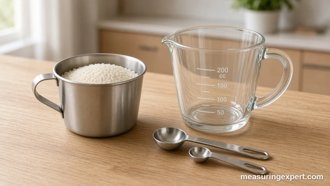 Japanese cooking measurements: a 200 mL cup next to a US measuring cup