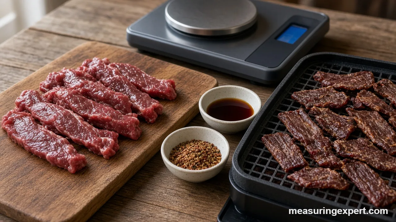 Measure ingredients for jerky with a digital scale, spices and marinade
