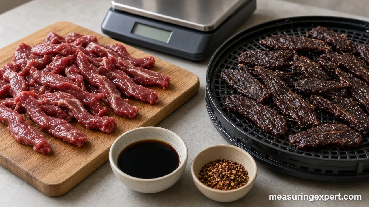 Measure ingredients for jerky: raw beef strips weighed on a kitchen scale